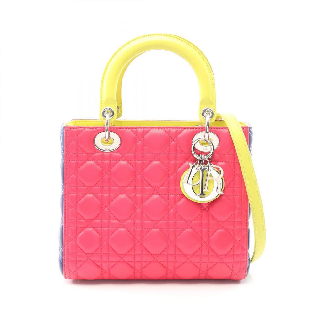 Christian Dior LADY Cannage Handbag Leather Pink Blue Yellow